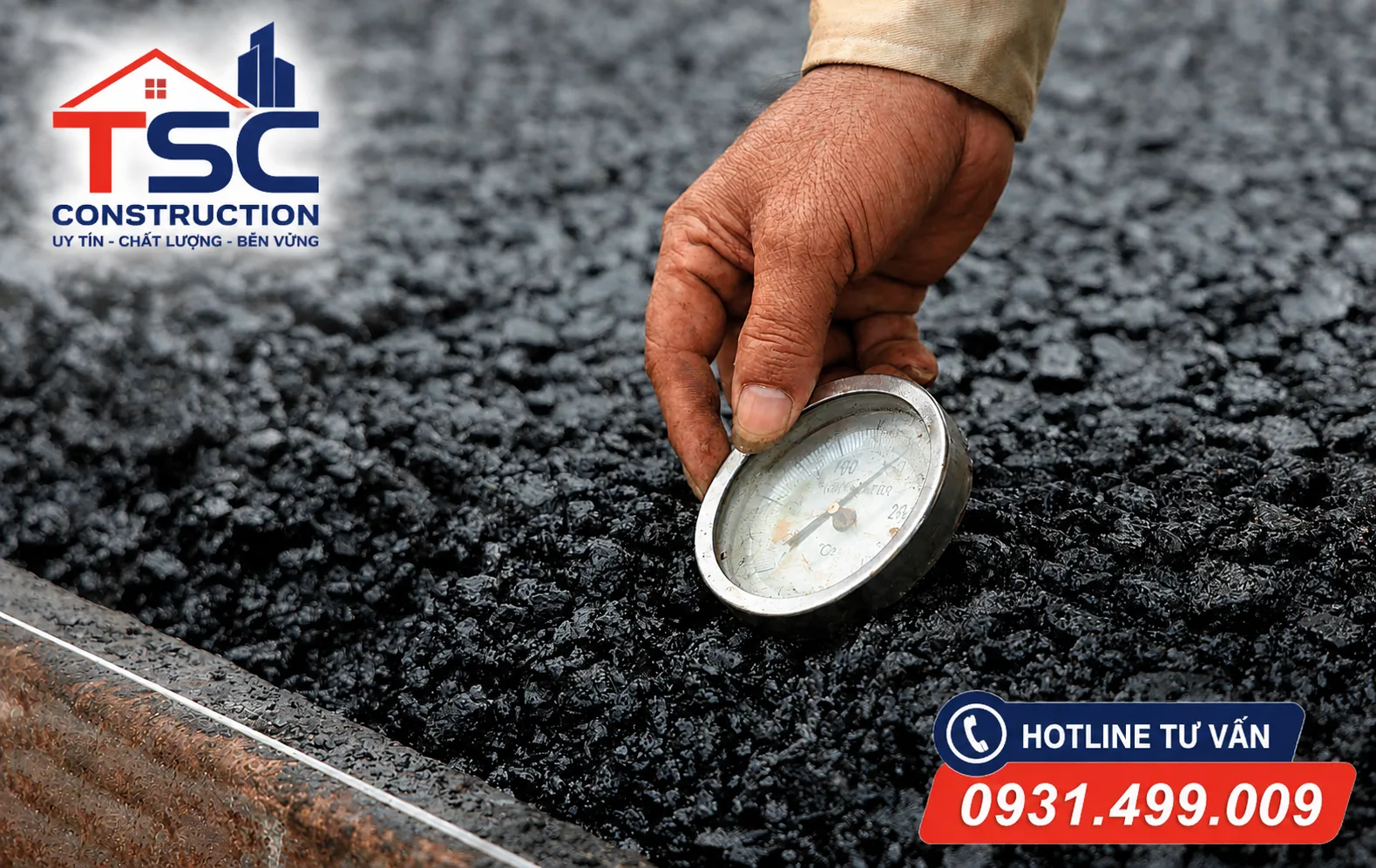 Hình ảnh kiểm tra nhiệt độ bê tông nhựa nóng tại công trình bằng thiết bị chuyên dụng, đảm bảo chất lượng thi công asphalt đúng tiêu chuẩn. TSC Construction cung cấp dịch vụ thi công bê tông nhựa uy tín, bền vững. 📞 0931.499.009