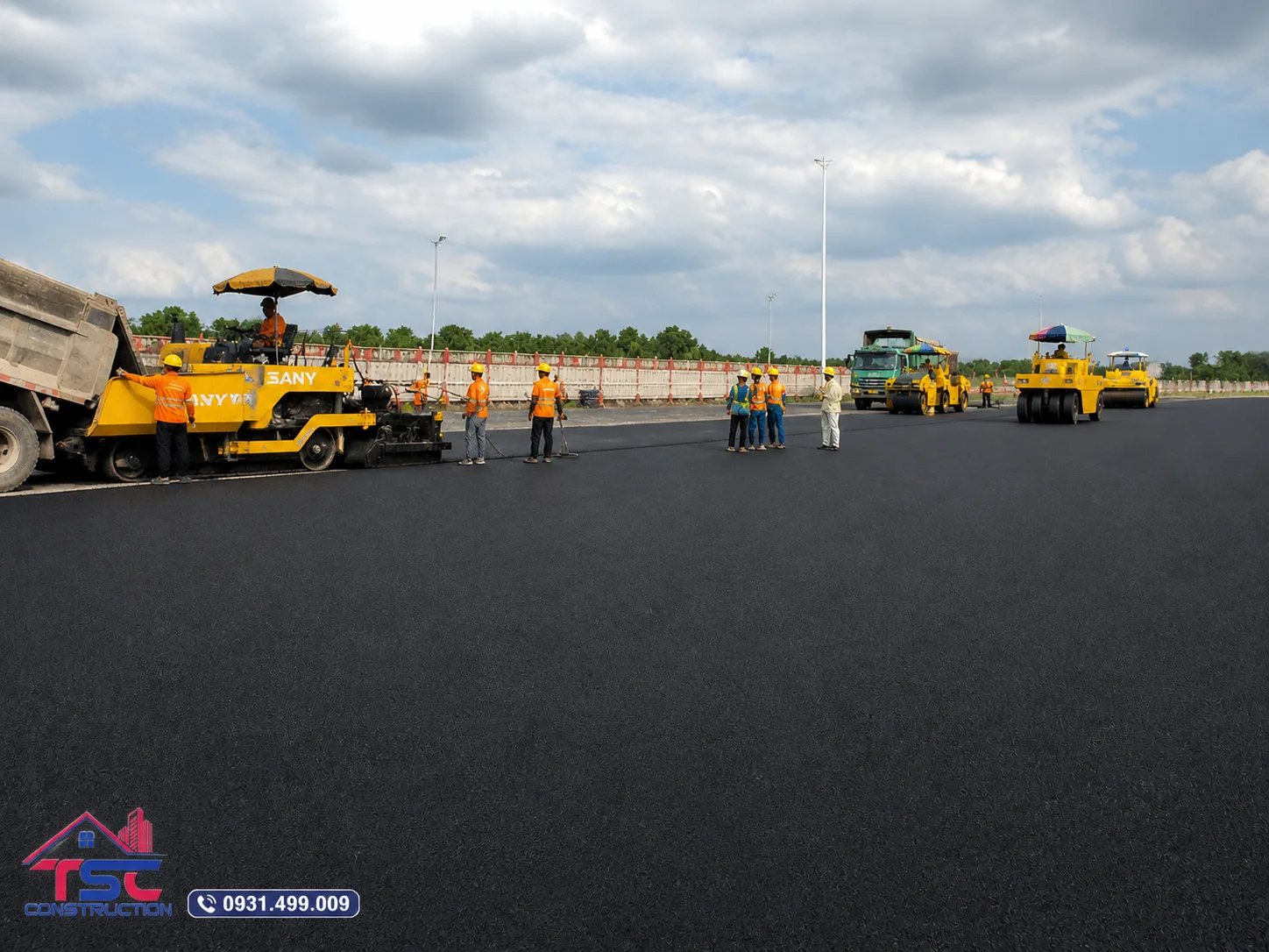 thi công đường bê tông nhựa nóng với máy lu và máy rải nhựa TSC Construction