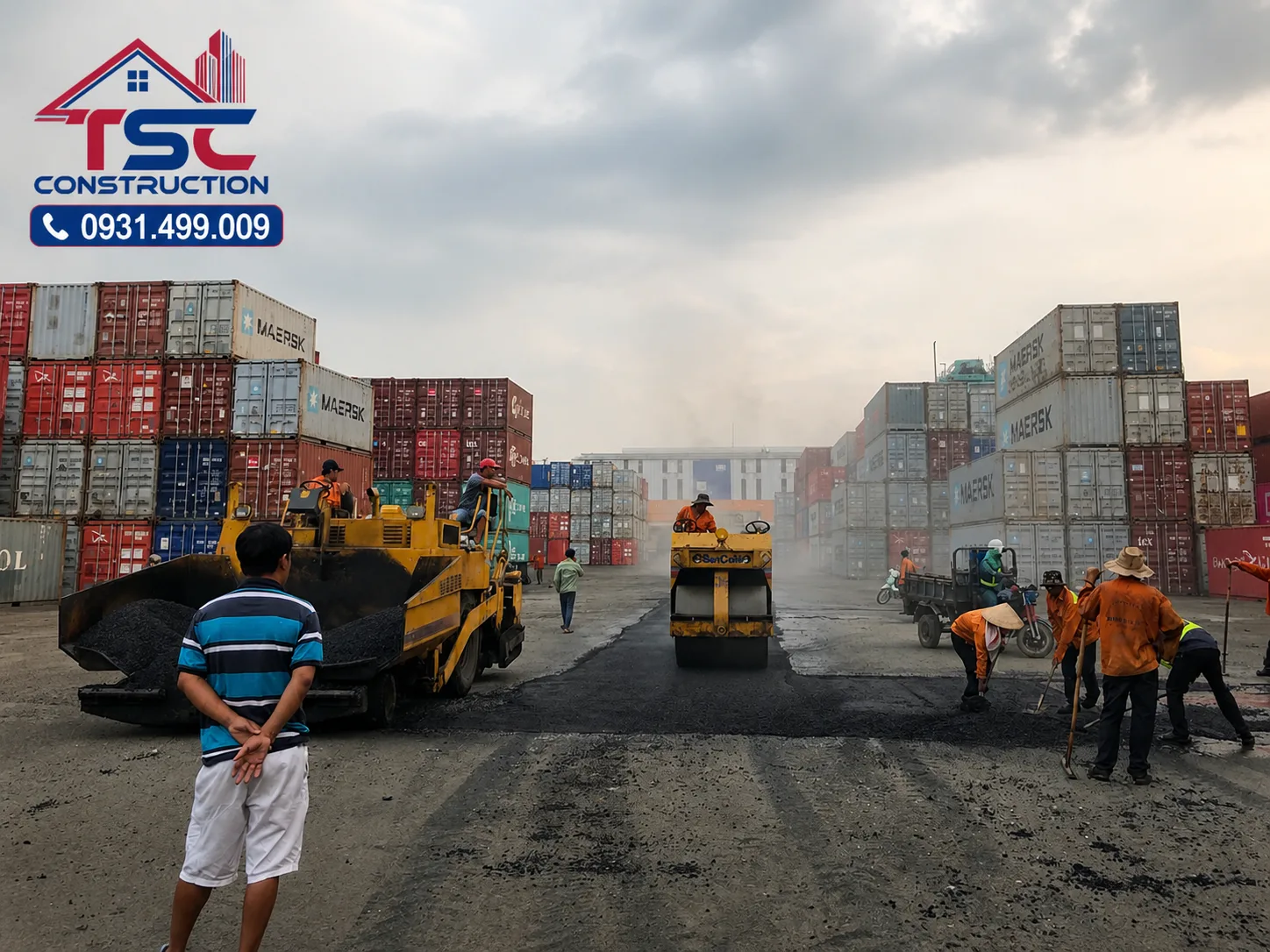 Hình ảnh thi công bê tông nhựa nóng tại bãi container với máy rải, lu lèn và đội ngũ kỹ thuật chuyên nghiệp của TSC Construction, đảm bảo chất lượng mặt đường bền vững, thi công nhanh chóng và tối ưu chi phí.