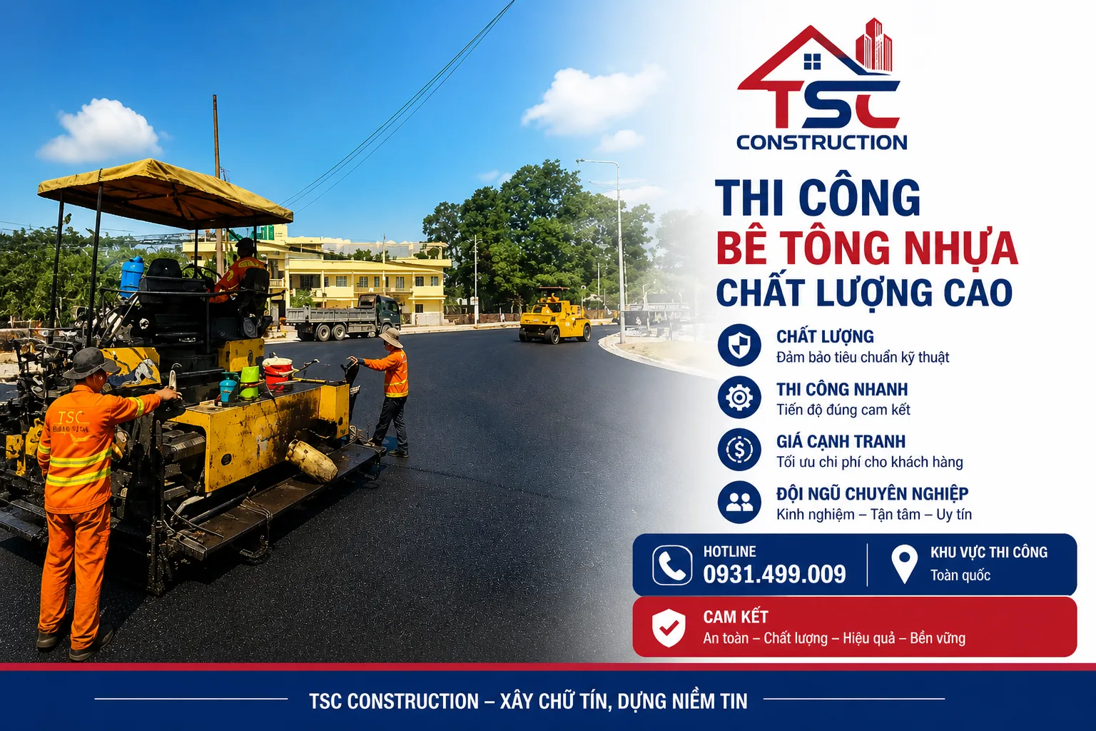 thi công bê tông nhựa nóng của TSC Construction với hình ảnh thực tế công trình, máy rải và lu lèn hiện đại, cung cấp dịch vụ thi công nhanh, chất lượng cao, giá cạnh tranh trên toàn quốc.