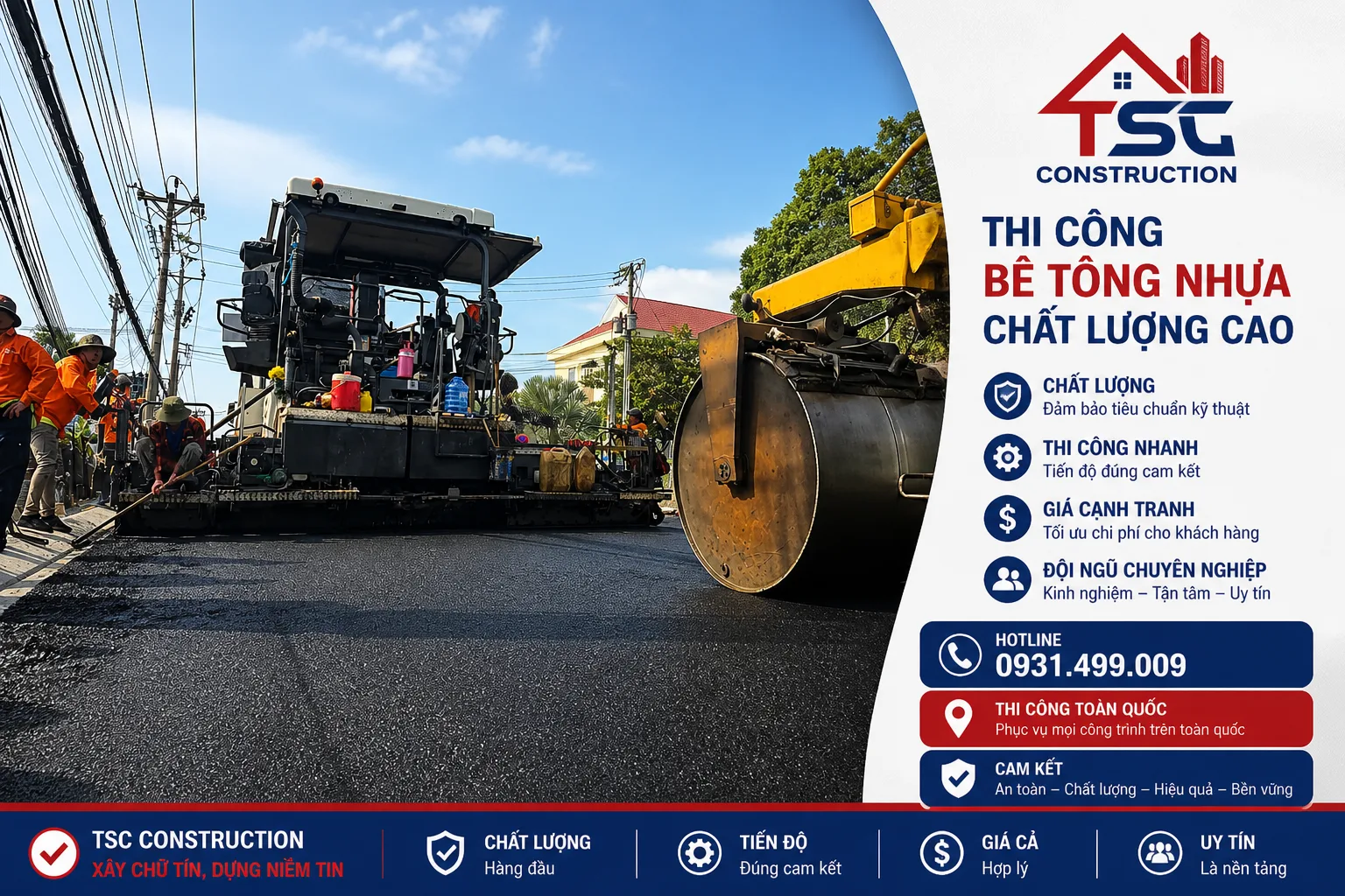 Hình ảnh thi công bê tông nhựa nóng thực tế với máy rải và lu lèn hiện đại của TSC Construction, cung cấp dịch vụ thi công đường asphalt chất lượng cao, đảm bảo tiến độ, tối ưu chi phí và phục vụ trên toàn quốc.