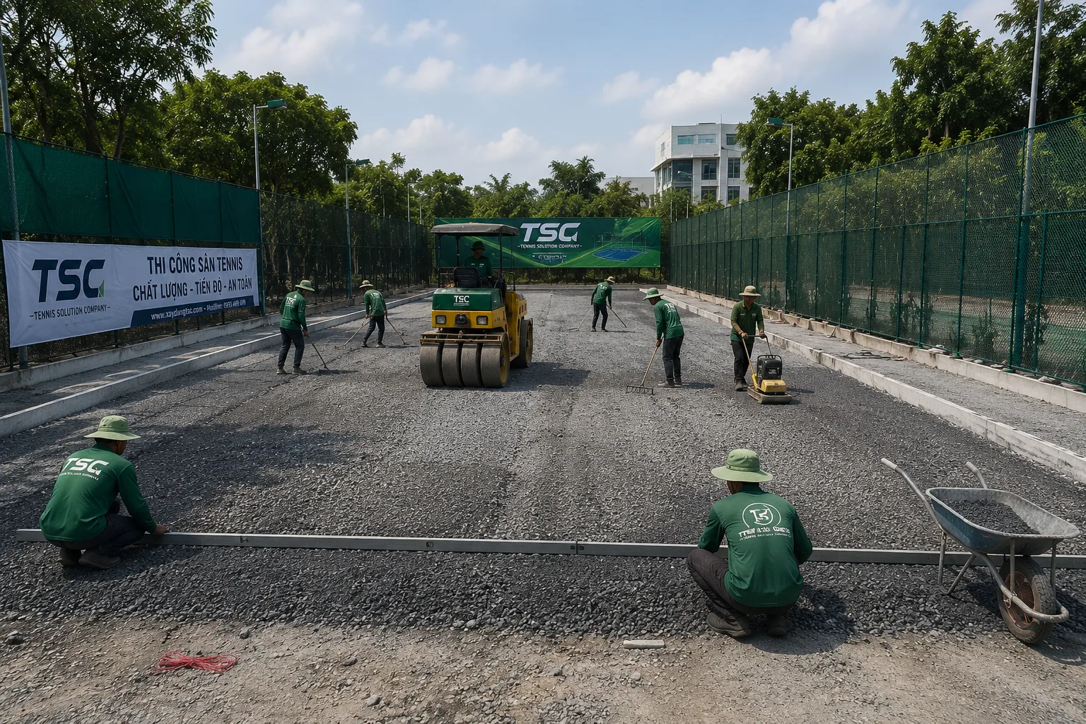 các công nhân đang thi công nền hạ sân tennis